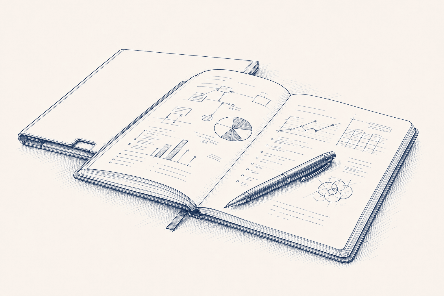 Gravure marine d'un carnet de planification et d'un stylo