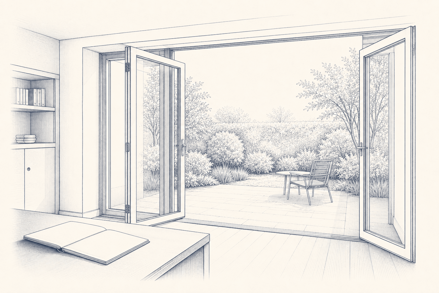 Gravure marine d'un espace de travail ouvert sur un jardin