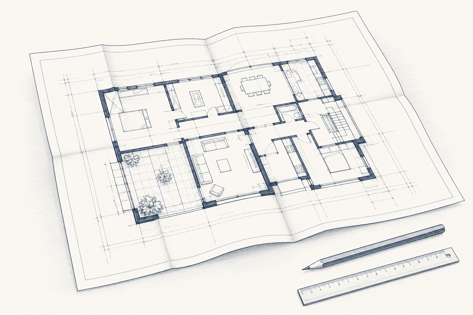 Gravure marine de plans d'architecture et d'un crayon