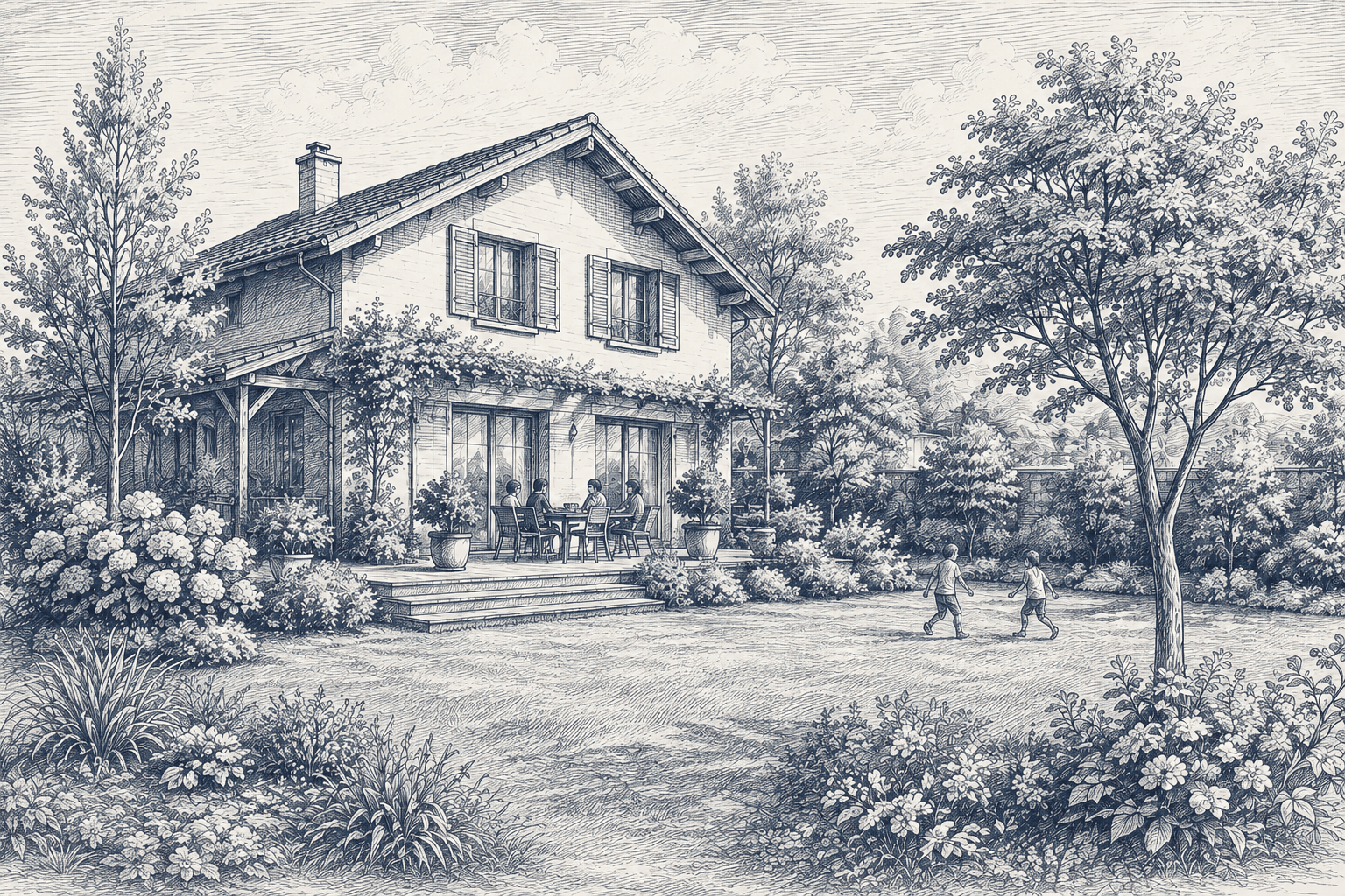 Gravure d'une maison familiale et de son jardin
