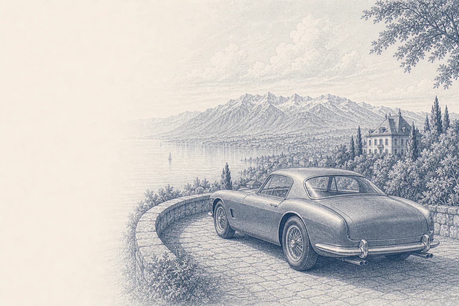 Engraving of an exceptional motor car overlooking Lake Geneva