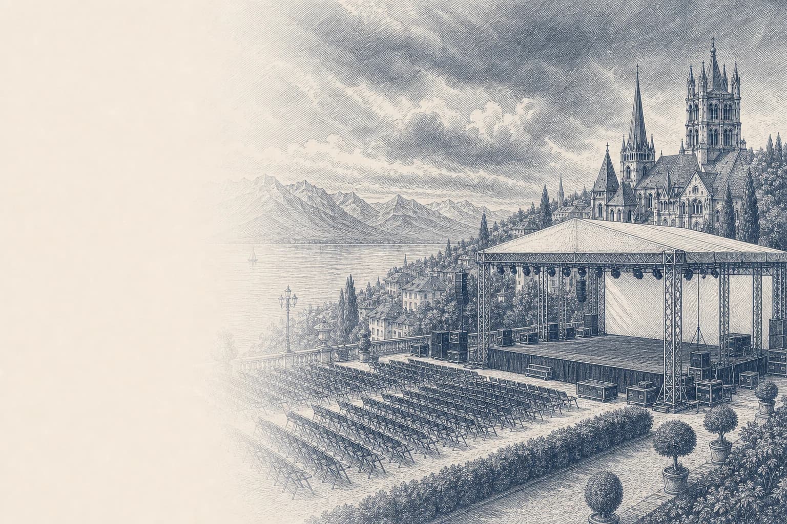 Gravure d’un événement en préparation au bord du lac Léman