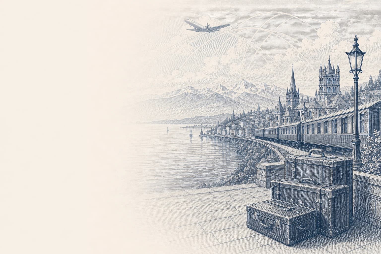 Engraving of international travel from Lausanne, with a train, aircraft and luggage