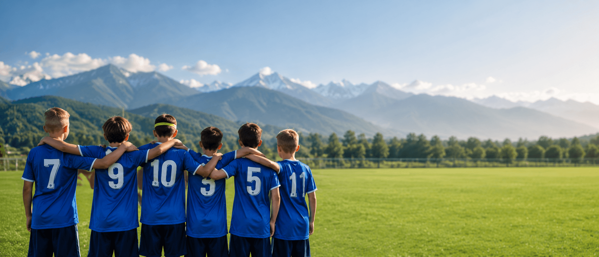 Jeunes sportifs en maillots bleus devant les montagnes suisses