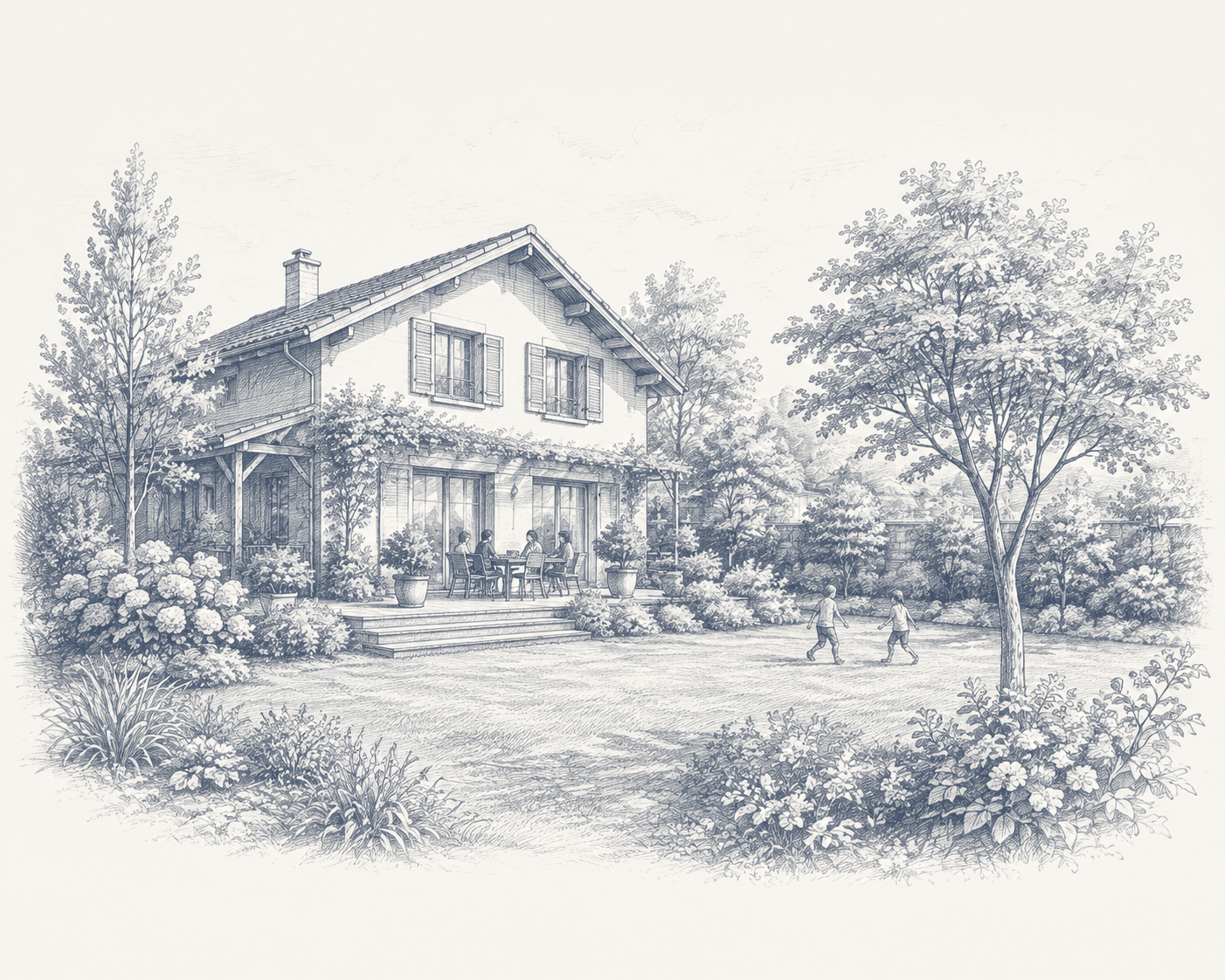 Gravure d'une maison familiale avec des enfants dans le jardin