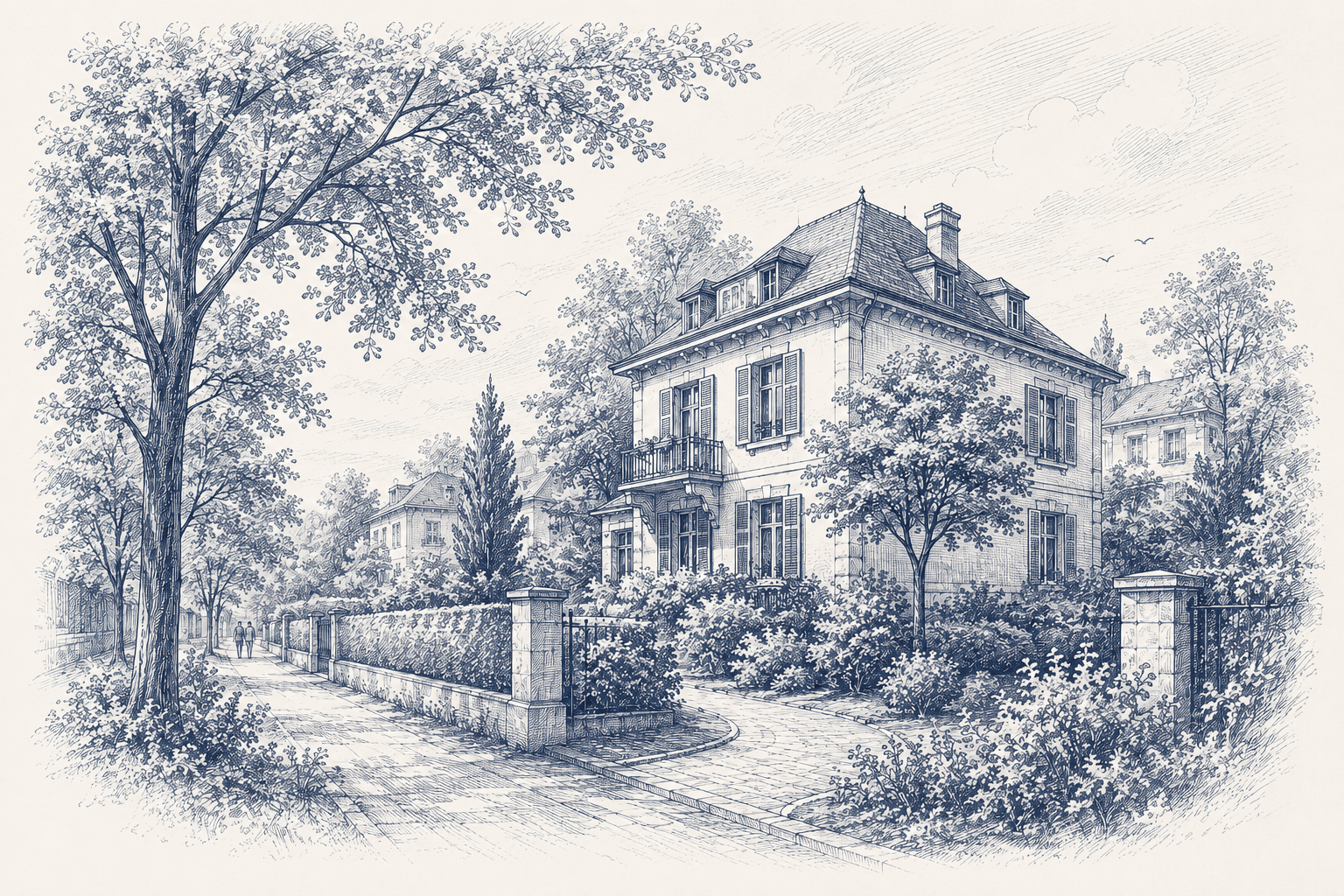 Gravure d'une résidence familiale établie