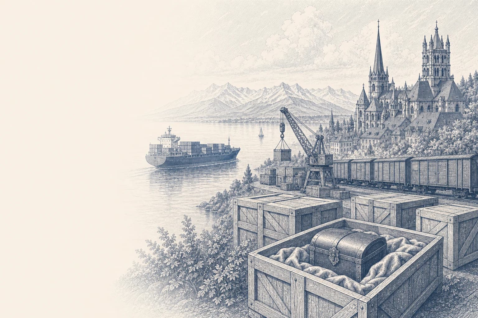 Engraving of goods transported by ship and railway in Lausanne